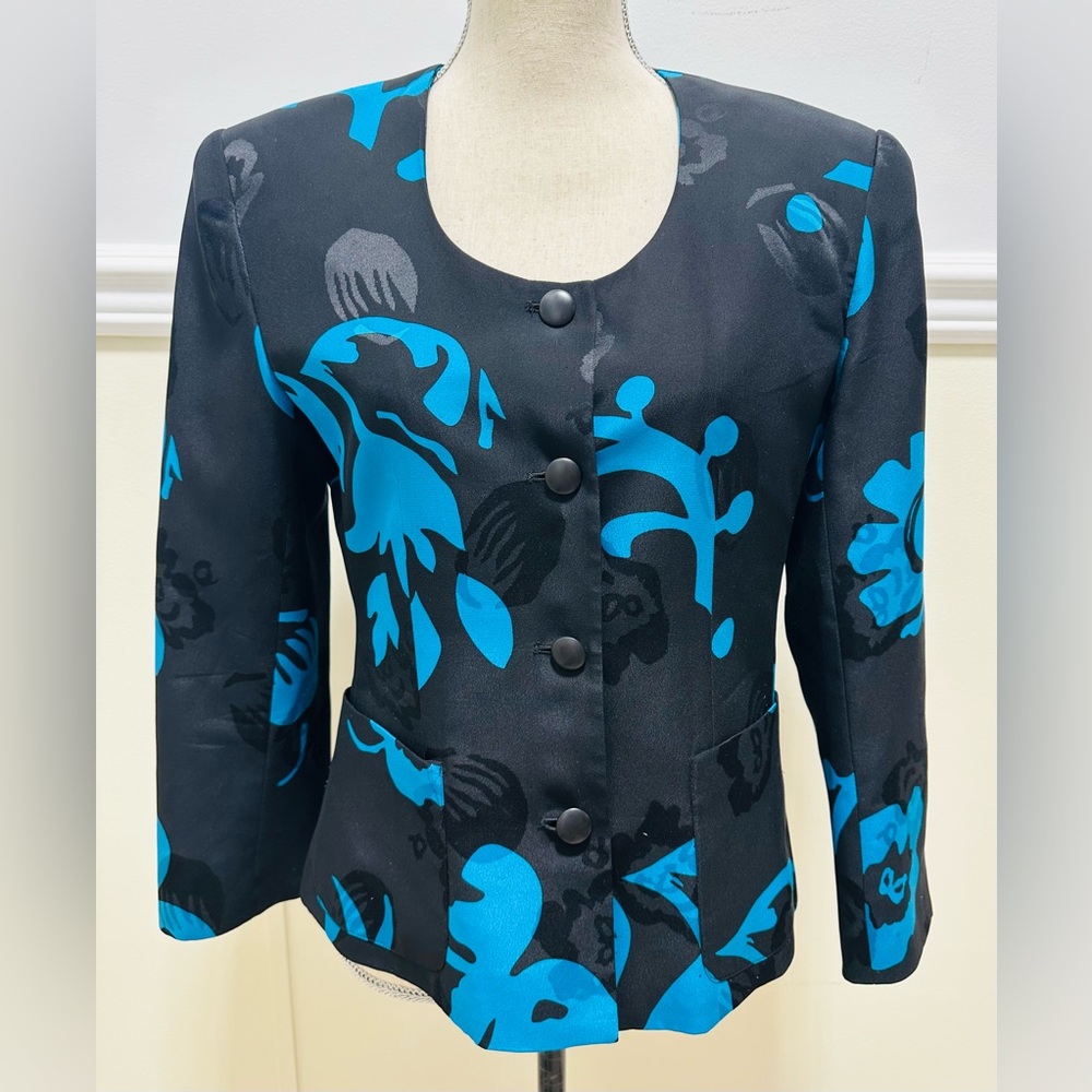 Carlisle Vintage 100% Silk Shell Blazer/Jacket 8 Black Blue Floral Buttons Lux